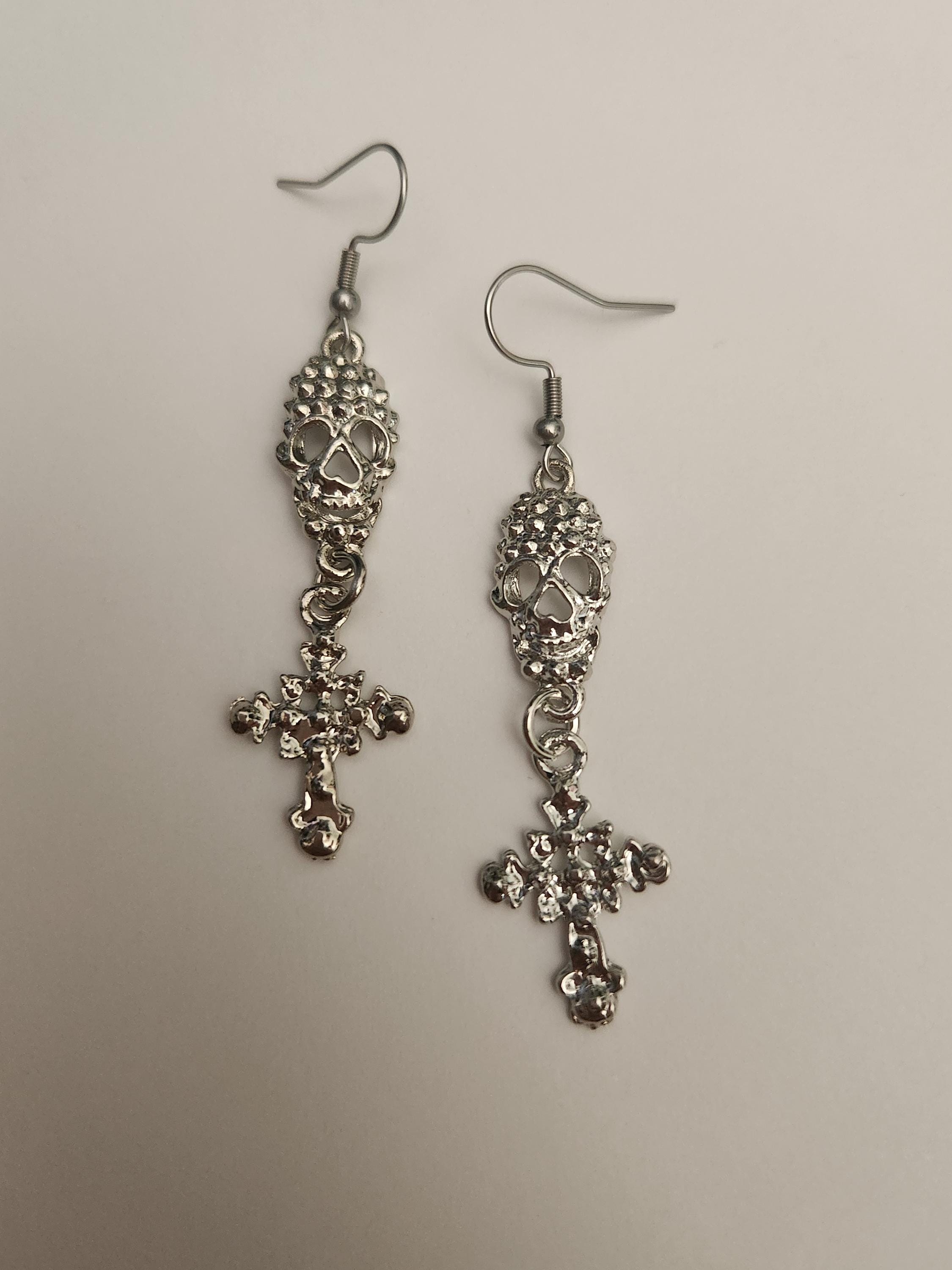Gothic Skull and Cross Earrings Handmade Jewelry Unisex 