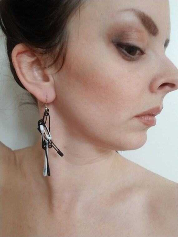 Safety Pin Earrings Black and White Safety Pins Cluster Dangle Etsy