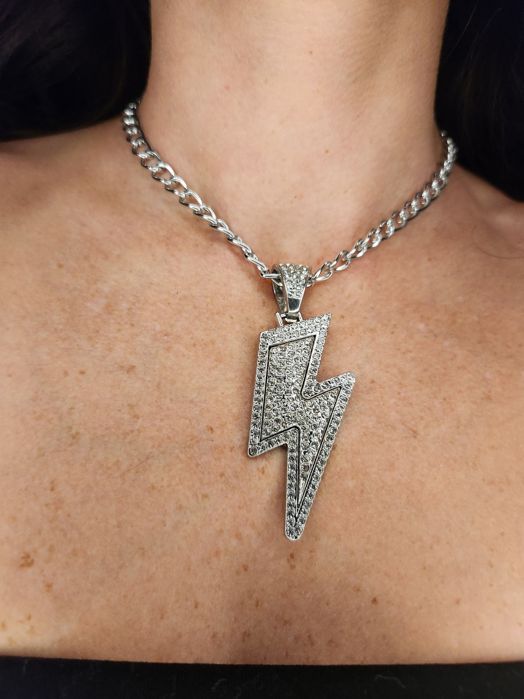 Lightning Bolt Chain Necklace Rhinestone Jewelry Handmade Etsy