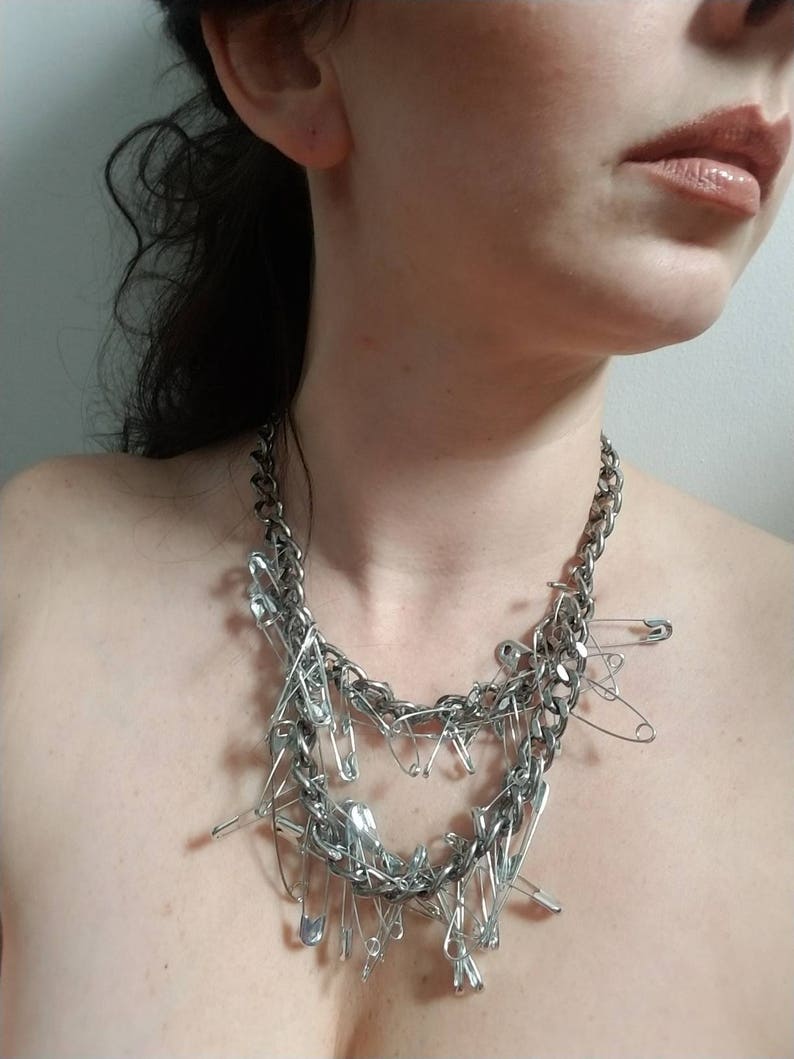 Safety Pin Necklace Double Chain Necklace Handmade Punk Etsy