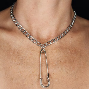 Chain necklace with extra large safety pin quilt pin kilt pin handmade necklace unisex jewelry silver chunky metal hardware