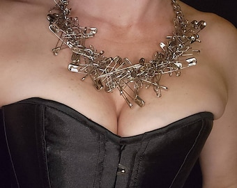 Safety pin and chain necklace unisex jewelry handmade punk statement piece unique accessory Rihanna inspired FREE SHIPPING