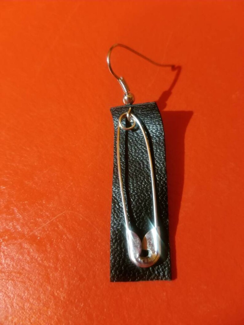 Black Leather and Safety Pin Earrings Punk Earrings Trendy Etsy