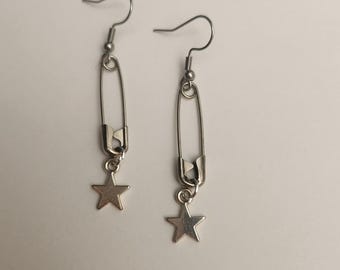 Star charm safety pin earrings silver tone handmade jewelry unisex hardware