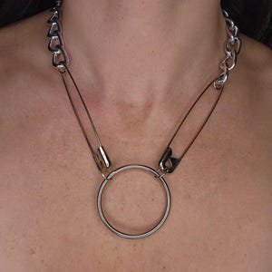 Large ring and safety pin necklace chain necklace handmade jewelry unisex necklace hardware metal silver