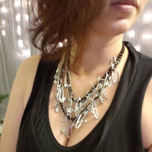 Double black chain necklace safety pin necklace handmade jewelry statement necklace one of a kind