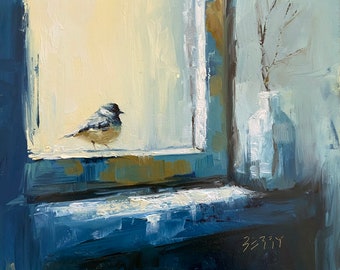 Original Oil Painting - Jenny Berry Artist, Chickadee, Oil, Bird Art, Small Art, Artwork, Unique Gift, Blue