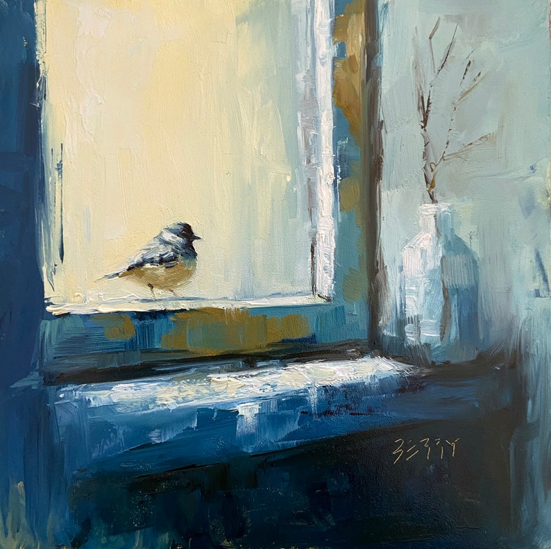 Original Oil Painting Jenny Berry Artist, Chickadee, Oil, Bird Art, Small Art, Artwork, Unique Gift, Blue image 1