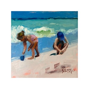 Art Print from my Original Oil Painting, Jenny Berry, Beach, Children, Sand Castles, Coastal, Ocean, Plein Air, Gift, Small, zdjęcie 1