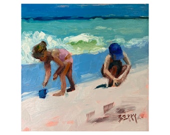 Art Print from my Original Oil Painting, Jenny Berry, Beach, Children, Sand Castles, Coastal, Ocean, Plein Air, Gift, Small,