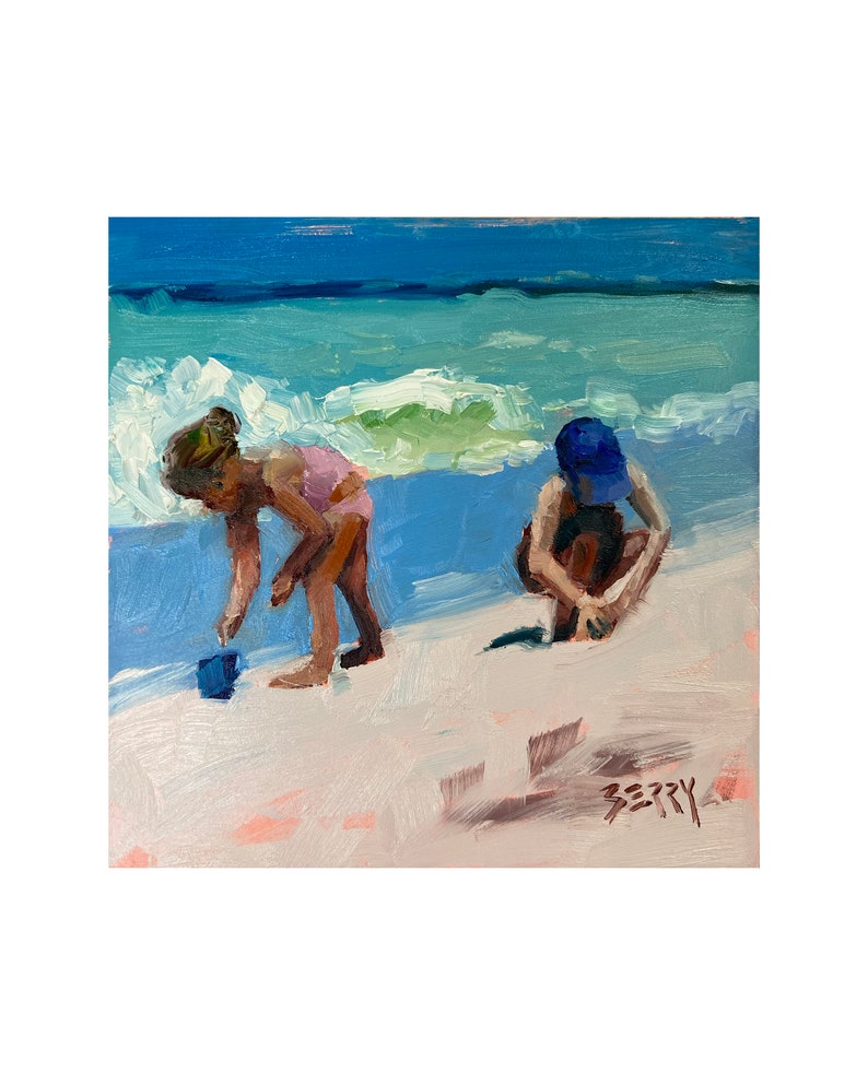 Art Print from my Original Oil Painting, Jenny Berry, Beach, Children, Sand Castles, Coastal, Ocean, Plein Air, Gift, Small, zdjęcie 1
