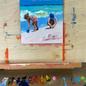 Art Print from my Original Oil Painting, Jenny Berry, Beach, Children, Sand Castles, Coastal, Ocean, Plein Air, Gift, Small, zdjęcie 3