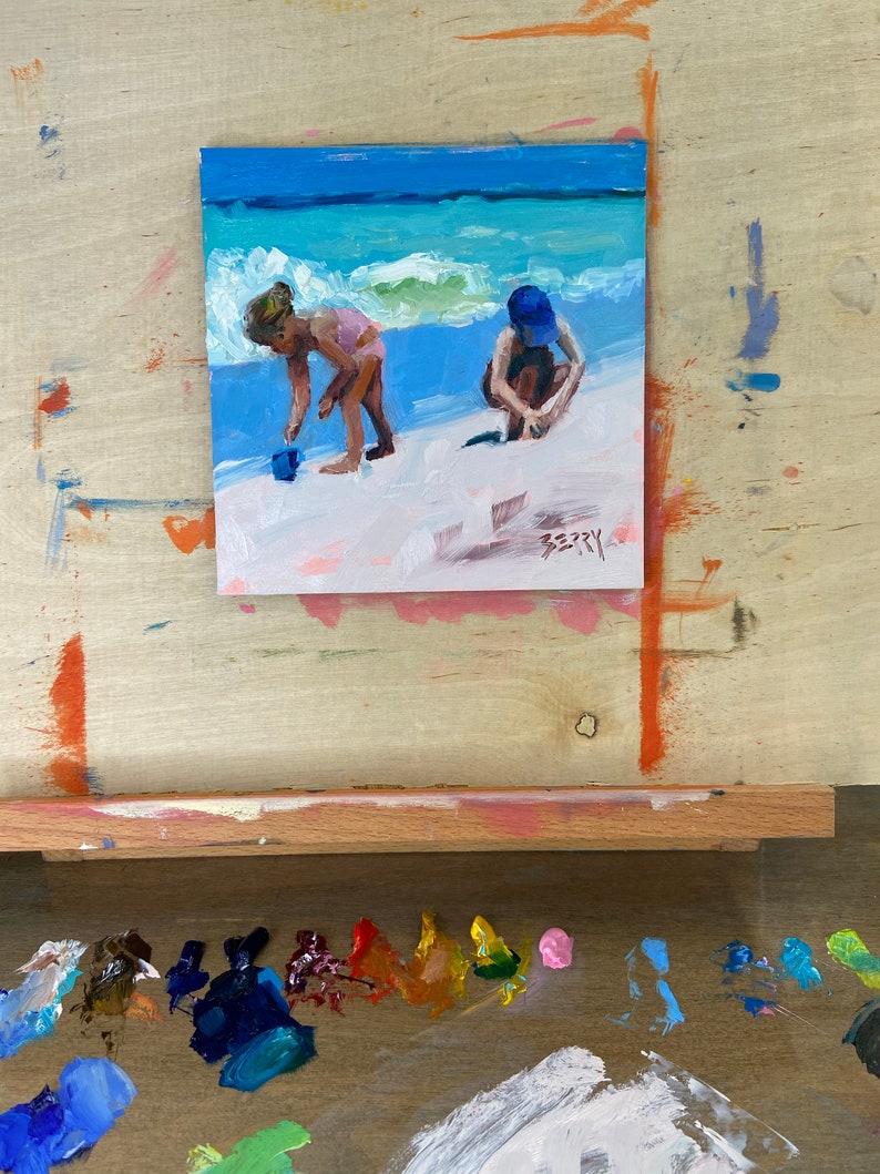 Art Print from my Original Oil Painting, Jenny Berry, Beach, Children, Sand Castles, Coastal, Ocean, Plein Air, Gift, Small, zdjęcie 3