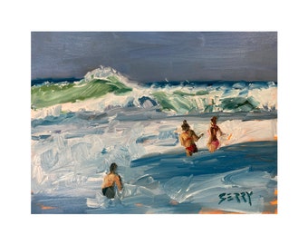 Art Print from my Original Oil Painting, Jenny Berry, Beach, Waves, Figures, Coastal, Seascape, Plein Air, Gift, Small,