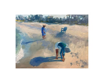 Art Print from my Original Oil Painting, Jenny Berry, Beach Combers, Coastal, Seascape, Plein Air, Gift, Small,