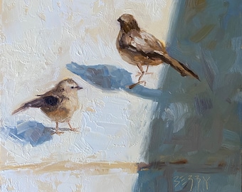 Original Oil Painting - Jenny Berry Artist, Bird, Plein air, Sparrows, Oil, Small Art, Artwork, Unique Gift, Brown