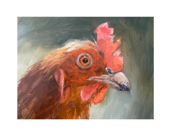 Art Print from my Original Oil Painting, Jenny Berry, Bird, Chicken, Animal, Farm, Red, Gift, Small, Kitchen