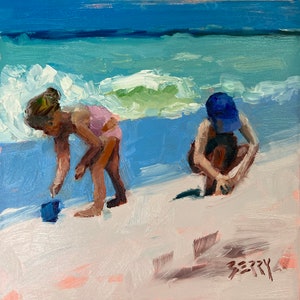 Art Print from my Original Oil Painting, Jenny Berry, Beach, Children, Sand Castles, Coastal, Ocean, Plein Air, Gift, Small, zdjęcie 2