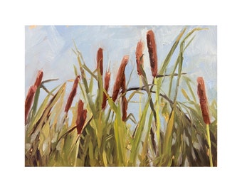 Art Print from my Original Oil Painting, Jenny Berry, Cat Tails, study, nature, Landscape, Gift, Small,