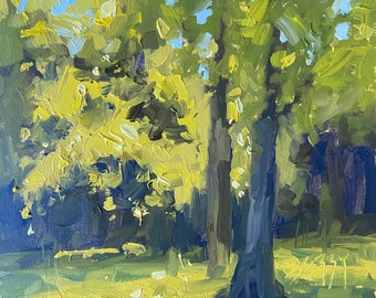 Original Plein Air, Oil Painting, Spring Landscape, Study, Green, Trees, Small Art, Great Gift, by Jenny Berry Artist