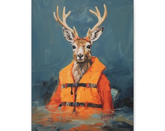 Ready to Hang - Gallery Wrap Print, Humor, Costumed Animals, Deer in orange life vest, Dark Humor, Pet Portraits, Funny Gifts, Jenny Berry