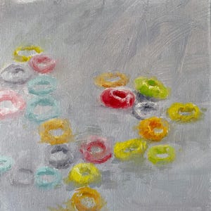 May include: An abstract oil painting featuring colorful, ring-shaped objects scattered across a light gray background. The rings are in various colors, including red, yellow, pink, green, and blue, creating a playful and vibrant composition.