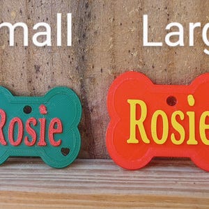 May include: Two dog bone-shaped name tags, one green and one red, both with the name "Rosie" in a different color. The green tag is labeled "Small" and the red tag is labeled "Large".