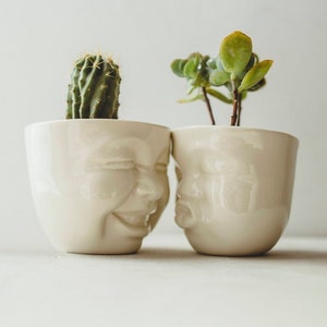 Niedliches Gesicht Pflanzgefäß Set, handgemachter Sukkulentenhalter aus Keramik, schrullige Regaldekoration, lustige Kopfvasenkunst, einzigartiges neues Zuhause für Pflanzenliebhaber und Mutter