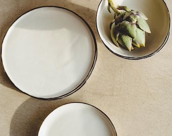 Porcelain dinnerware set, handmade minimalist plates and bowls, black rim tableware, wedding gift for couple, housewarming gift