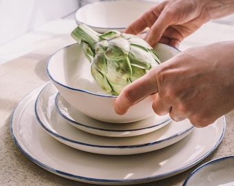 Handmade Blue White Ceramic Plate Set – Dinner, Salad, Dessert Plates, Soup Bowl, Eclectic Porcelain Dinnerware, Coastal Rustic Decor Gift