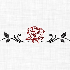 May include: A black and white floral design with a red rose in the center. The design features two stylized stems with leaves on either side of the rose.