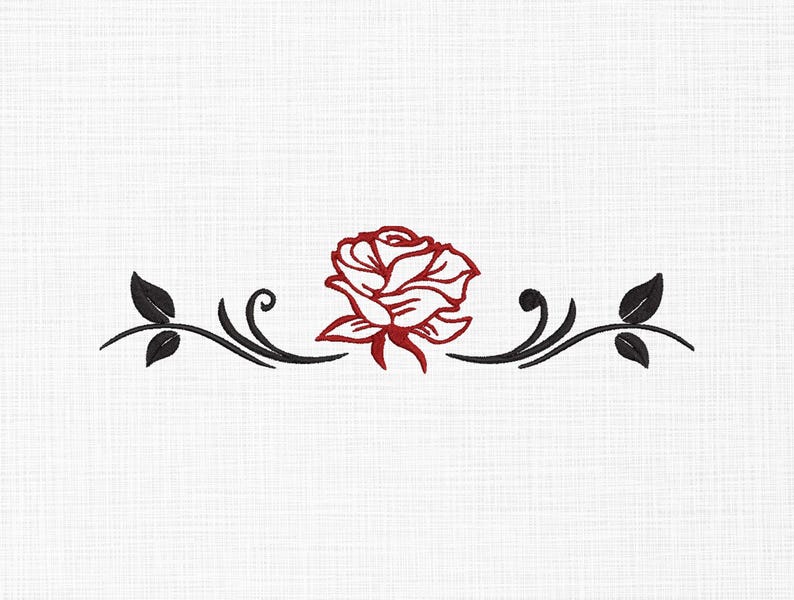 May include: A black and white floral design with a red rose in the center. The design features two stylized stems with leaves on either side of the rose.