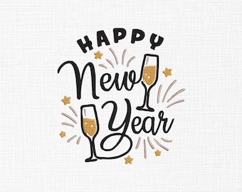 Happy New Year Champagne Embroidery Design Champagne Embroidery New Year Embroidery Design Machine Embroidery 5 Sizes Digital Download