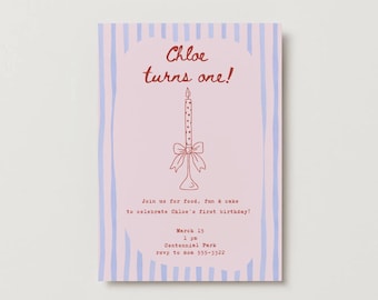 1ère invitation d'anniversaire rayée rose | Faire-part pour fille avec une bougie et un noeud (téléchargement numérique)