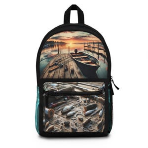 Fisherman&#39;s Sunset Backpack: Durable and Stylish Outdoor Gear with a vibrant Sunset Design, Perfect for Fishing or Camping.