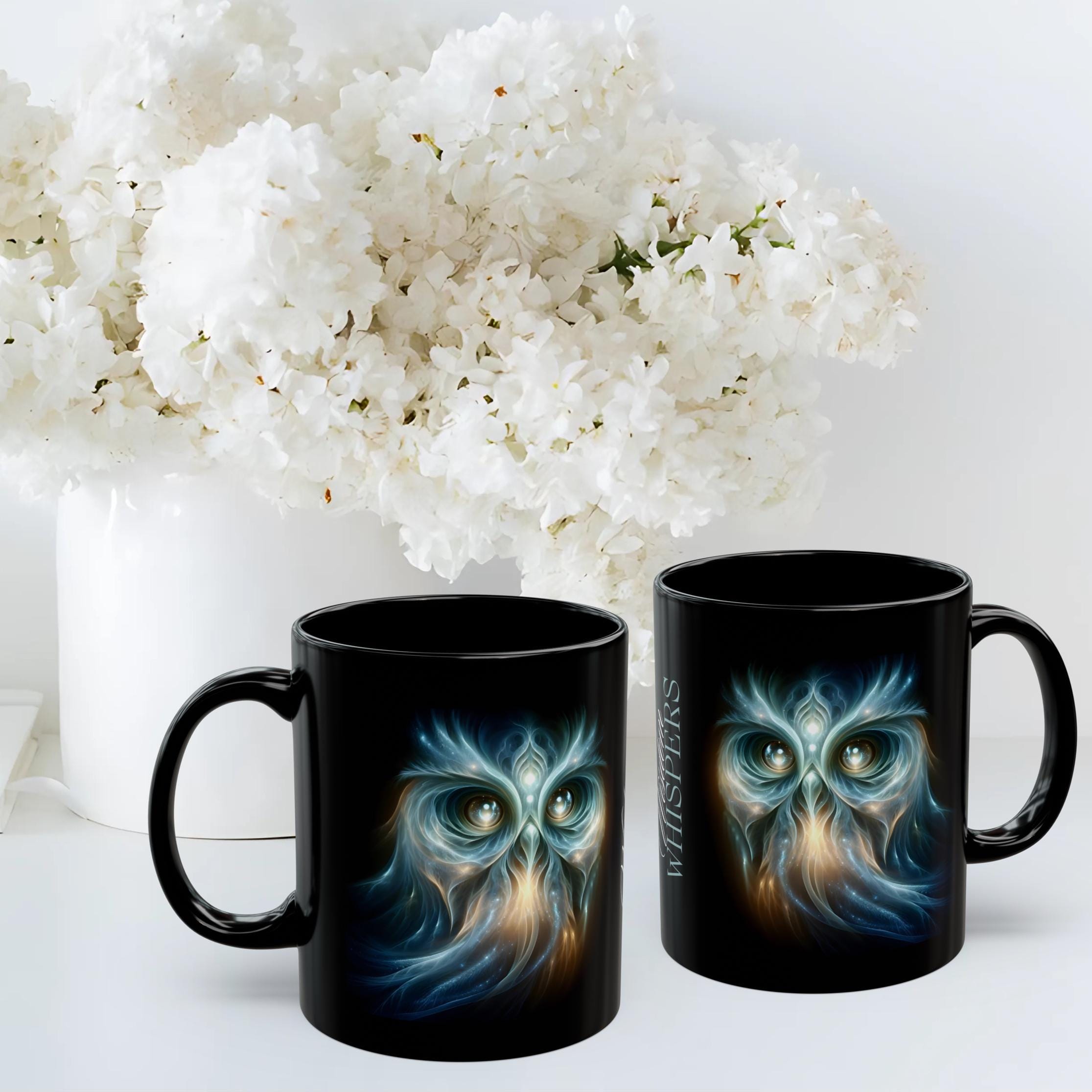 Wisdom Whispers Owl Mug: Black Ceramic Coffee Cup