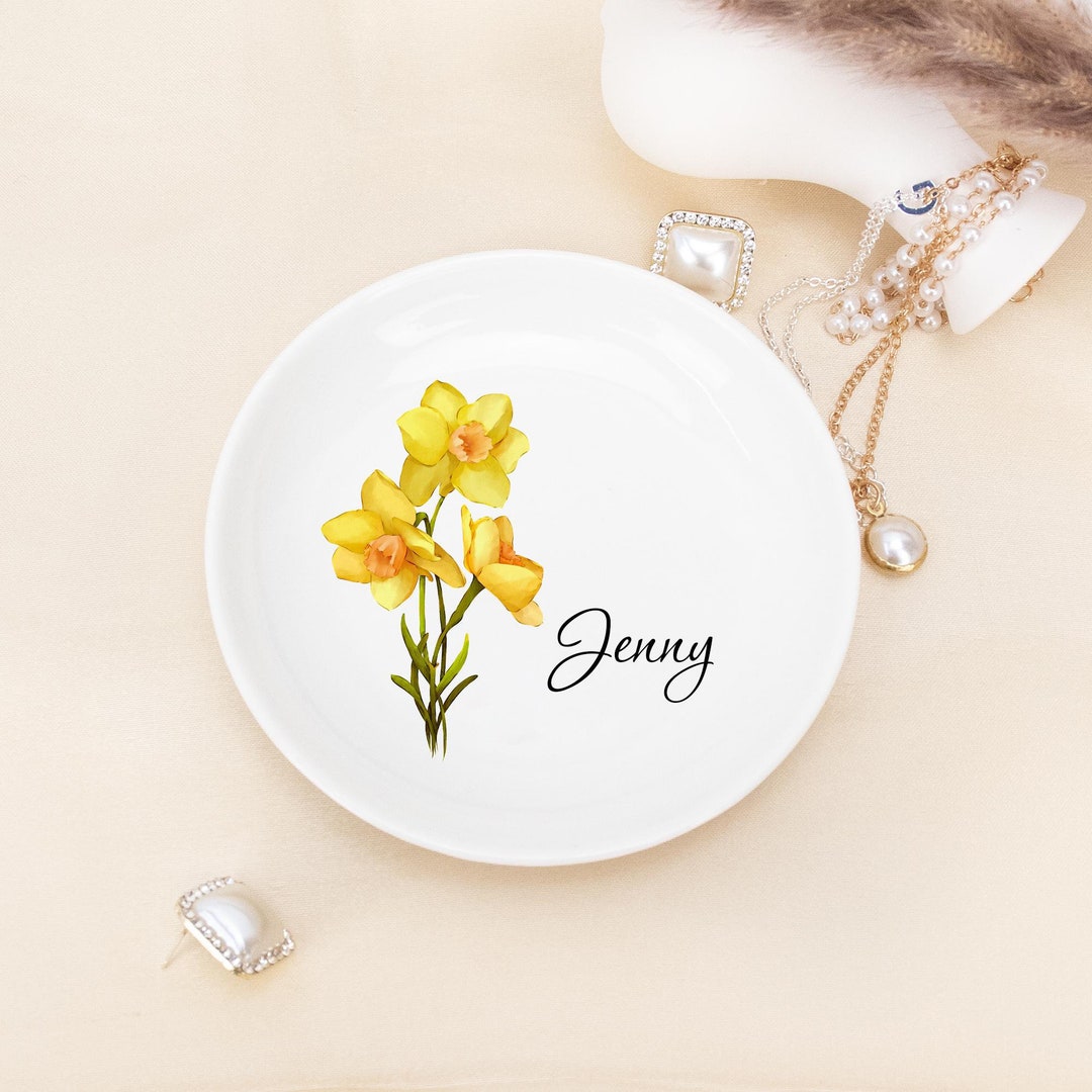 Personalised Wedding Ring Dish, Custom Birth Flower Trinket Dish ...