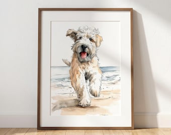 Wheaten Terrier Running at the Beach Watercolor Print | Soft Coated Wheaten Illustration Print | SCWT Wall Art | Gift for Her