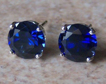 8mm Precision Faceted Lab Blue Sapphire Sterling Silver Stud Earrings, Cavalier Creations