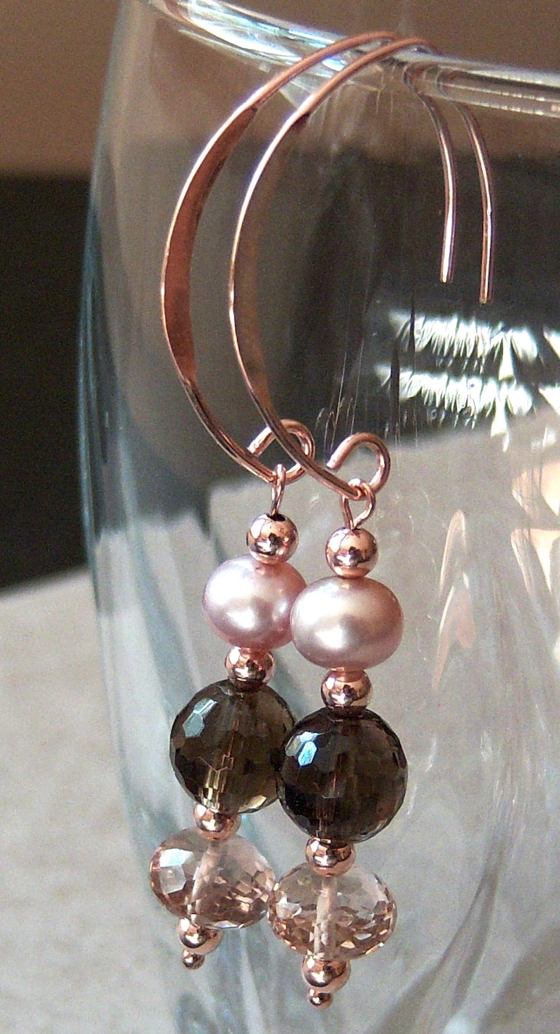 Cavalier Creations Genuine Whiskey and Smoky Quartz and Champagne FW Pearl Beaded Dangle Earrings in 14kt Rose Gold Filled