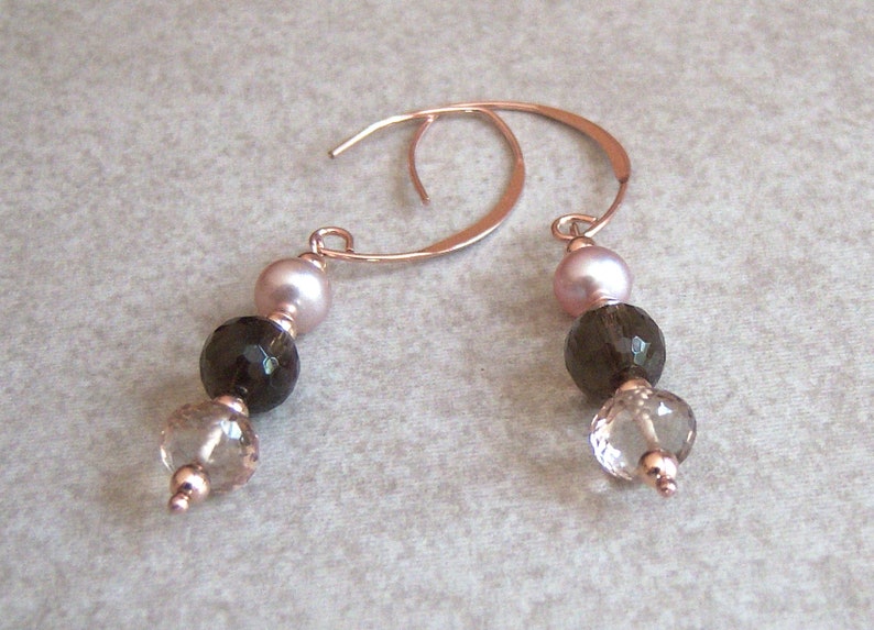 Cavalier Creations Genuine Whiskey and Smoky Quartz and Champagne FW Pearl Beaded Dangle Earrings in 14kt Rose Gold Filled