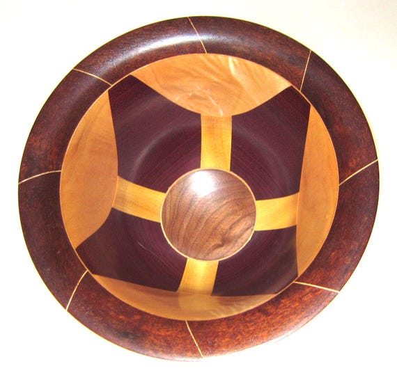 Segmented Bowl – “Quadrant” – Segmented Bowl, Purpleheart, Yellowheart, Curly Birch, Brazilian Cherry, Black Walnut Free Shipping