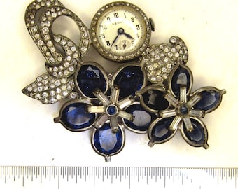 Vintage Leora Watch Brooch with Crystals - RUNS!!