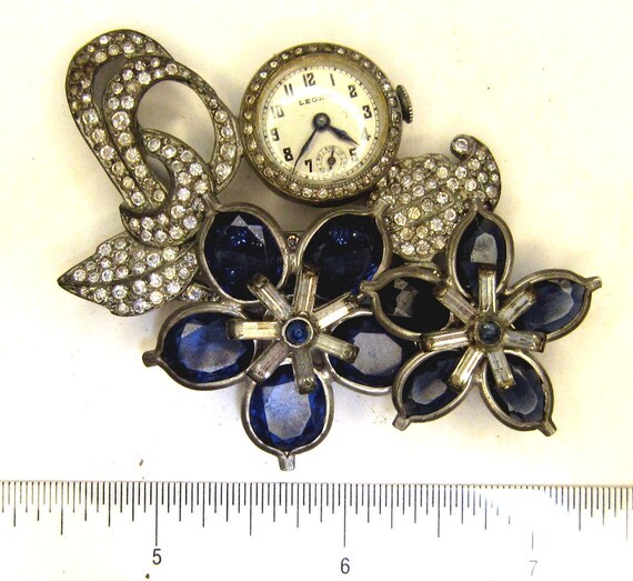 Vintage Leora Watch Brooch with Crystals - RUNS!!