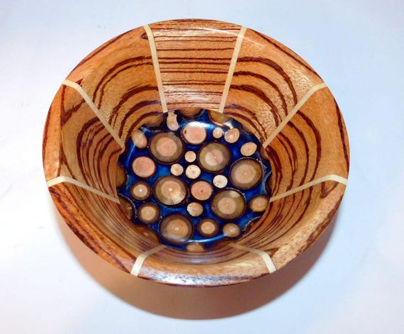 Wood Turned Segmented Bowl with Zebrawood and Maple Twigs in Resin - Free Shipping