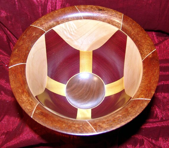 Segmented Bowl – “Quadrant” – Segmented Bowl, Purpleheart, Yellowheart, Curly Birch, Brazilian Cherry, Black Walnut – FREE Shipping in USA!!