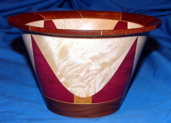 Segmented Bowl – “Quadrant” – Segmented Bowl, Purpleheart, Yellowheart, Curly Birch, Brazilian Cherry, Black Walnut Free Shipping