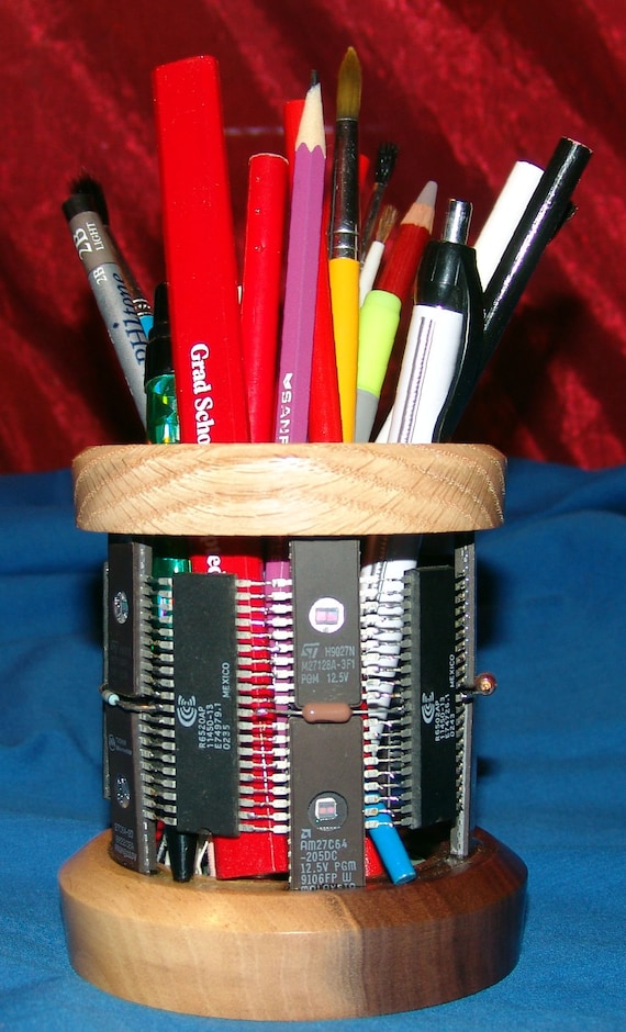 Upcycled Circuit Board Components Pencil Holder – Oak and Walnut Desk Organizer 38-18