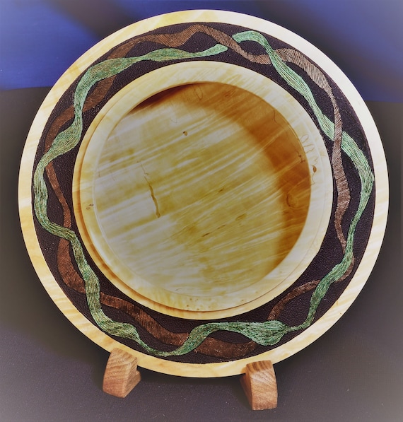 Fiddleback Maple Turning – “Best of Times” – Shallow Wood Turning with Texture and Color – Includes display stand 23-16