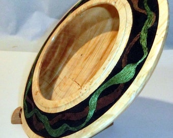 Fiddleback Maple Wood Turning – Decorative Pyrography Plate with Stand